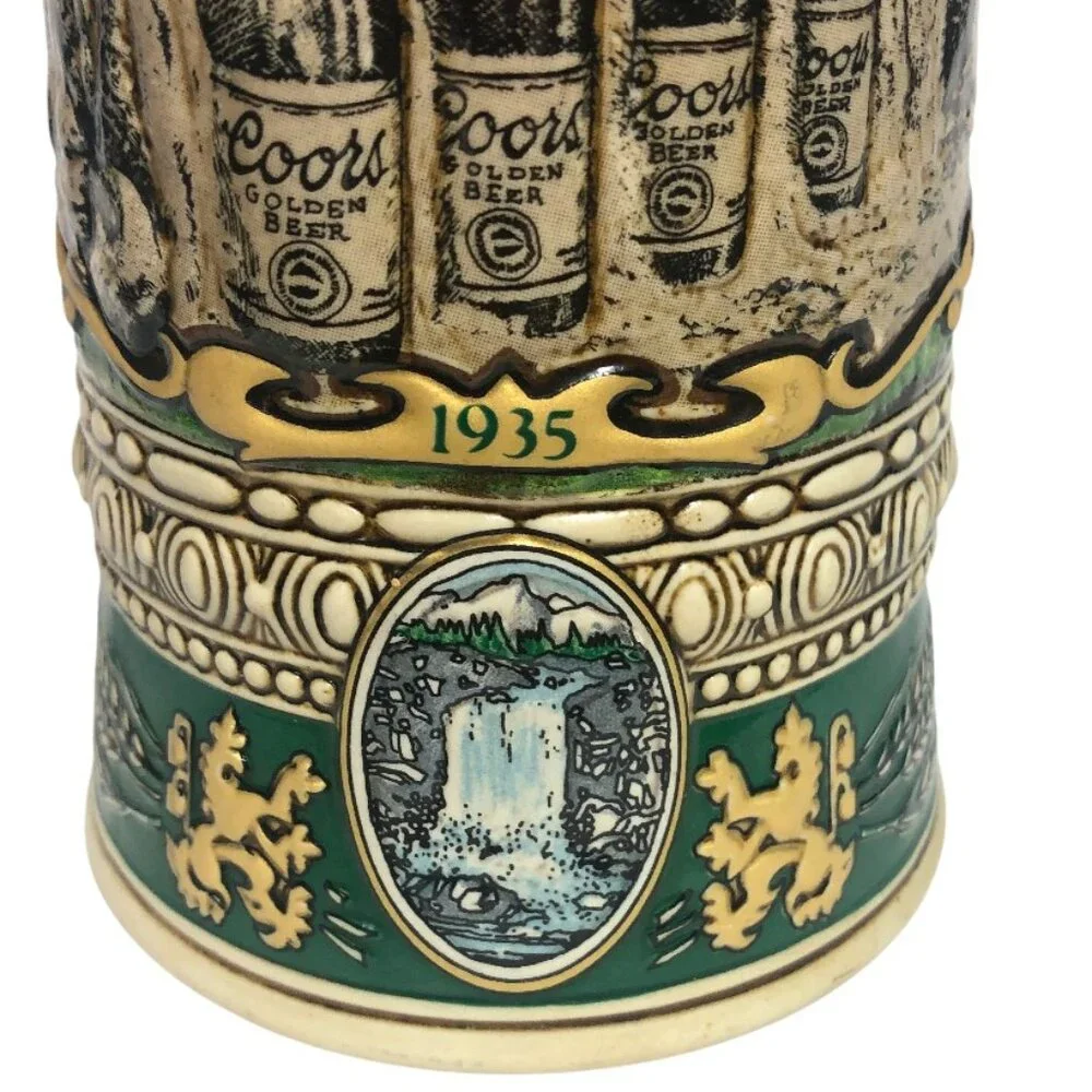 1990 Edition Coors Beer Vintage Stein showing bottles near a waterfall